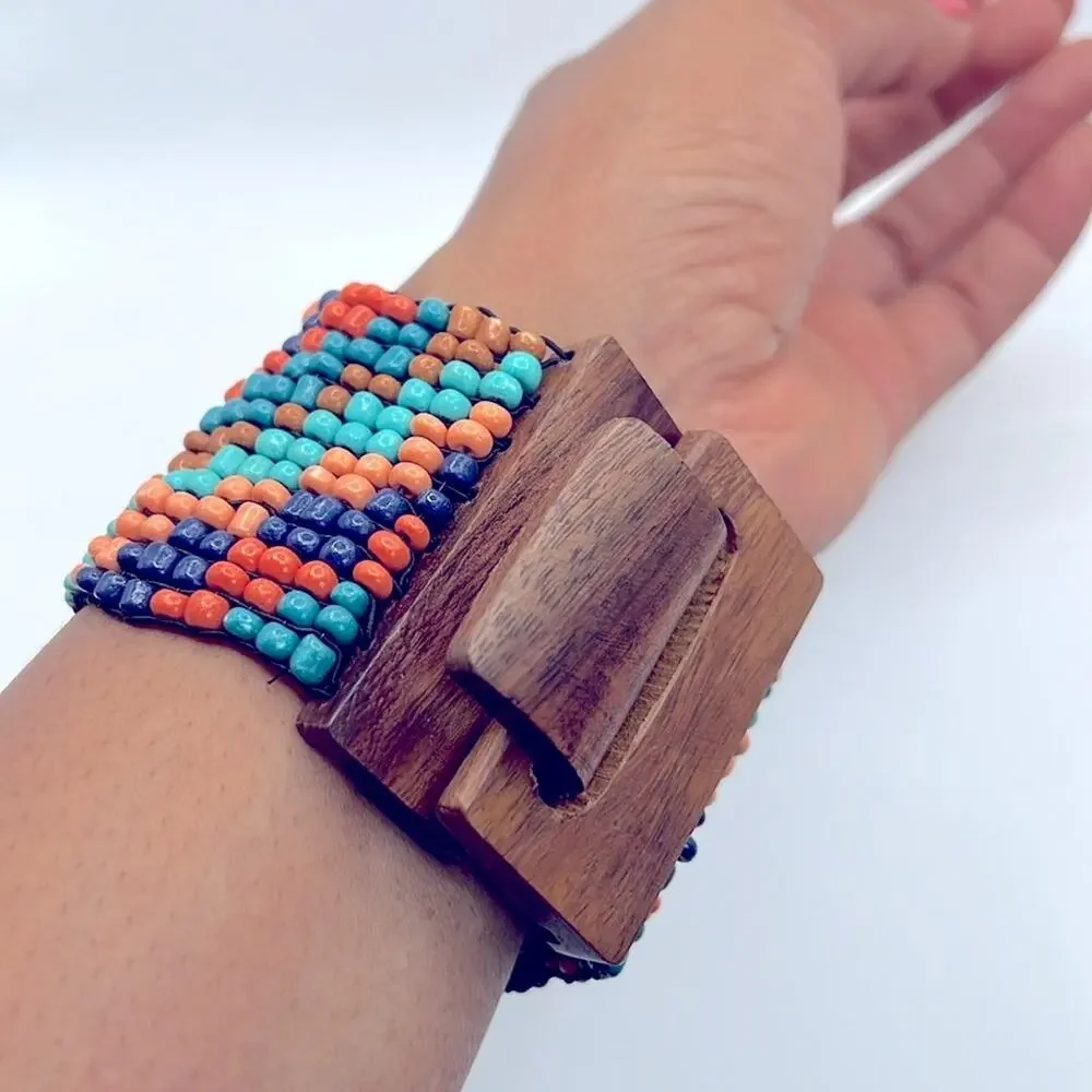 Colorful Boho Beaded Bracelet w/wooden clasp